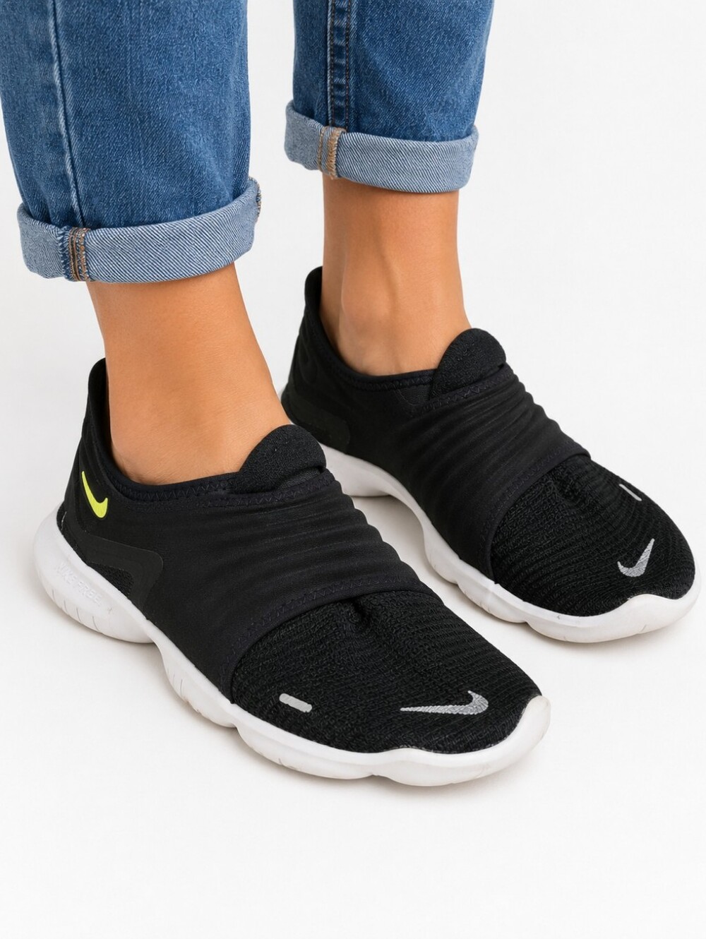 Nike Free RN Flyknit Slip-On Reflective Running Shoes Black White Women's 8.5